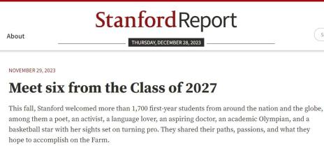 第 1 个：斯坦福公布2027届新生背景：诗人、活动家、语言爱好者、篮球明星……